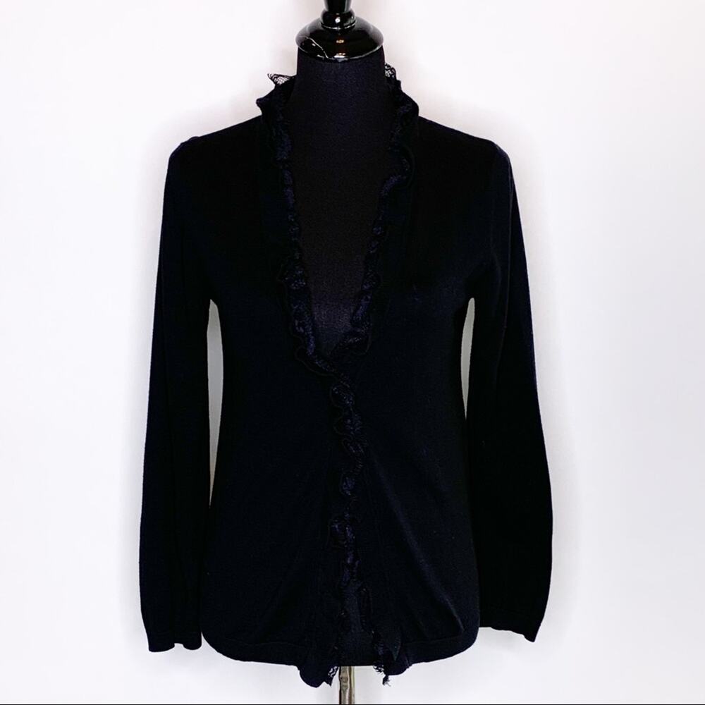 Garnet Hill black lace trim ruffle cardigan sweater size Extra Small XS